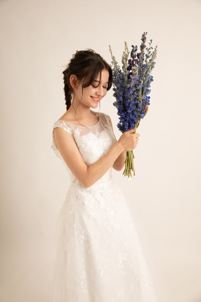 花柄レース 刺繍 ボートネック ウエディングドレス(W59)