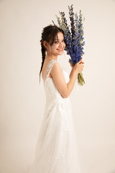 花柄レース 刺繍 ボートネック ウエディングドレス(W59)