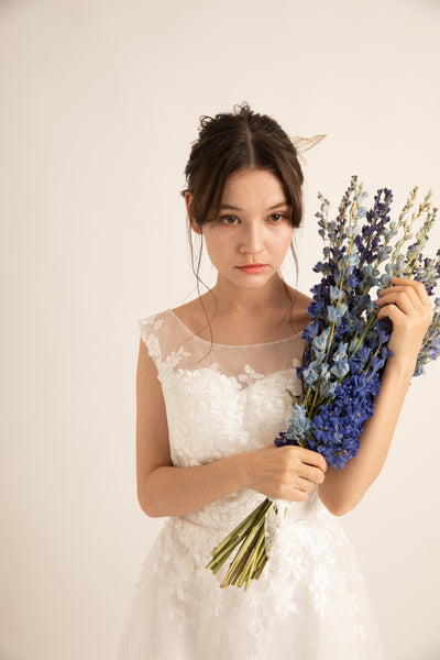 花柄レース 刺繍 ボートネック ウエディングドレス(W59)