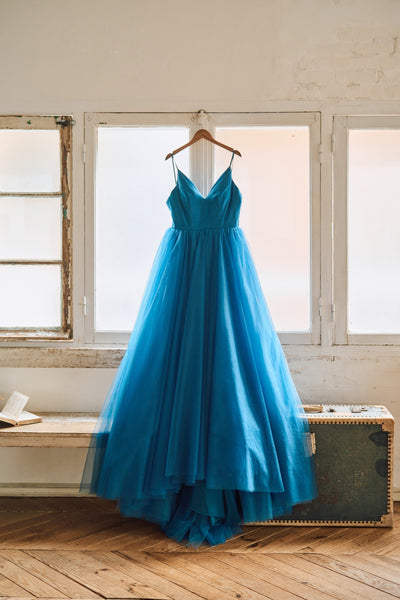 Vネック キャミソールドレス ブルー(W294BL)