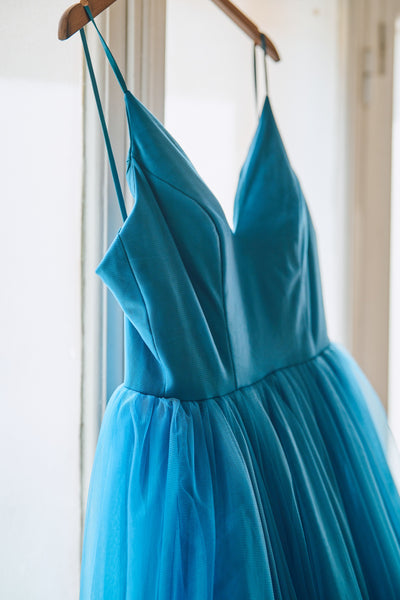 Vネック キャミソールドレス ブルー(W294BL)