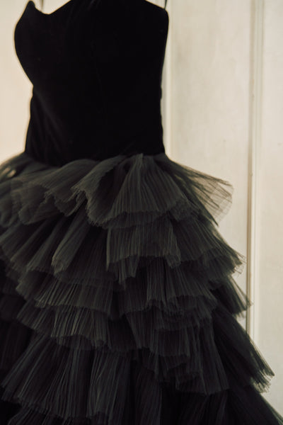 ベロア チュール ティアードドレス(W302BK)