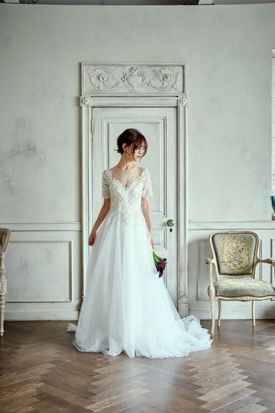 ビーズ刺繍 袖付き チュールドレス(W273)