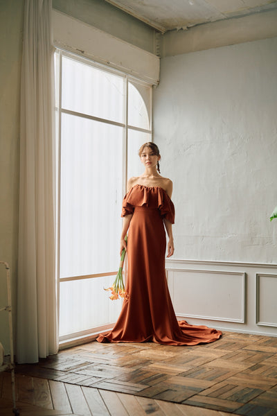 オフショルダー フリル ソフトマーメイドドレス テラコッタ(W300TE)