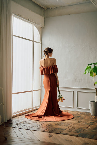 オフショルダー フリル ソフトマーメイドドレス テラコッタ(W300TE)