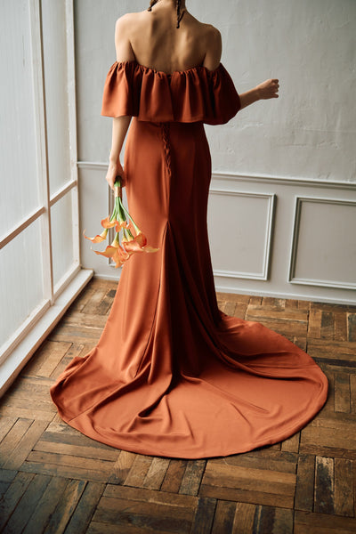 オフショルダー フリル ソフトマーメイドドレス テラコッタ(W300TE)
