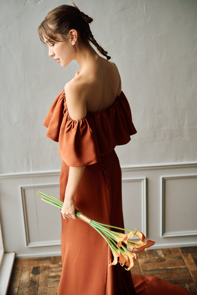 オフショルダー フリル ソフトマーメイドドレス テラコッタ(W300TE)