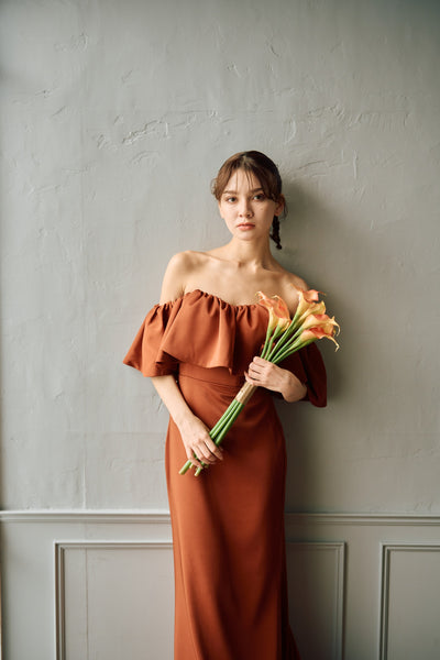 オフショルダー フリル ソフトマーメイドドレス テラコッタ(W300TE)