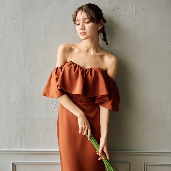 オフショルダー フリル ソフトマーメイドドレス テラコッタ(W300TE)