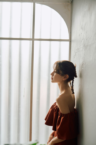 オフショルダー フリル ソフトマーメイドドレス テラコッタ(W300TE)