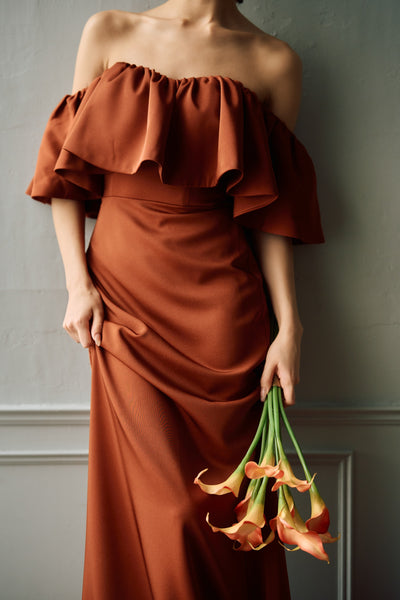 オフショルダー フリル ソフトマーメイドドレス テラコッタ(W300TE)