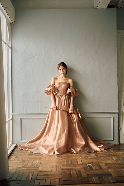 2way ラメパール パフスリーブドレス ブラウン(W293BR)