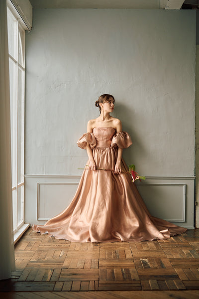 2way ラメパール パフスリーブドレス ブラウン(W293BR)