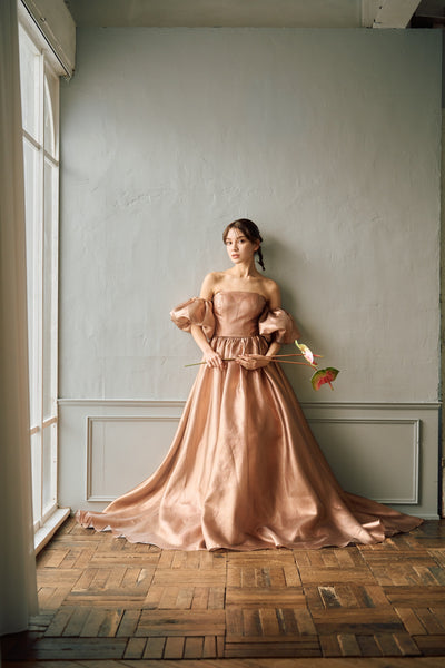 2way ラメパール パフスリーブドレス ブラウン(W293BR)