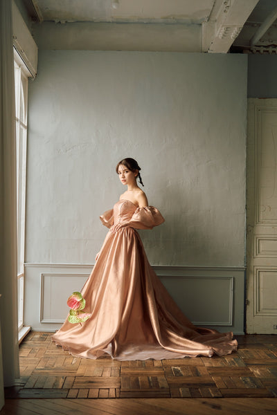 2way ラメパール パフスリーブドレス ブラウン(W293BR)