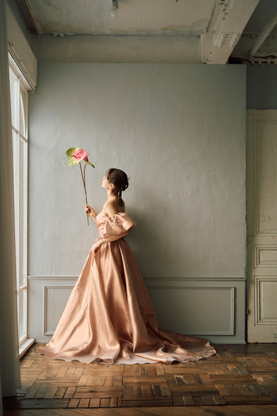 2way ラメパール パフスリーブドレス ブラウン(W293BR)