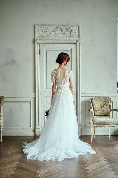 ビーズ刺繍 袖付き チュールドレス(W273)