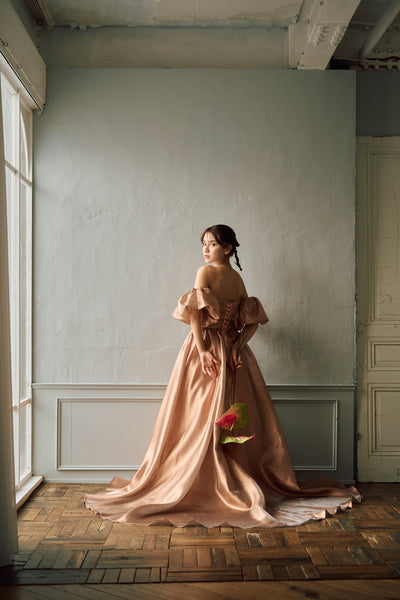 2way ラメパール パフスリーブドレス ブラウン(W293BR)