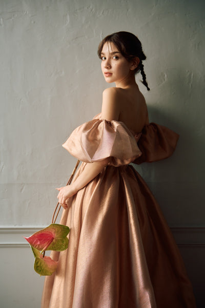 2way ラメパール パフスリーブドレス ブラウン(W293BR)