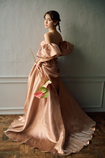 2way ラメパール パフスリーブドレス ブラウン(W293BR)