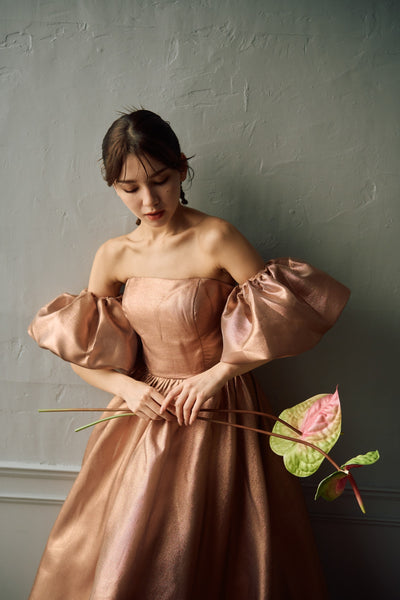 2way ラメパール パフスリーブドレス ブラウン(W293BR)