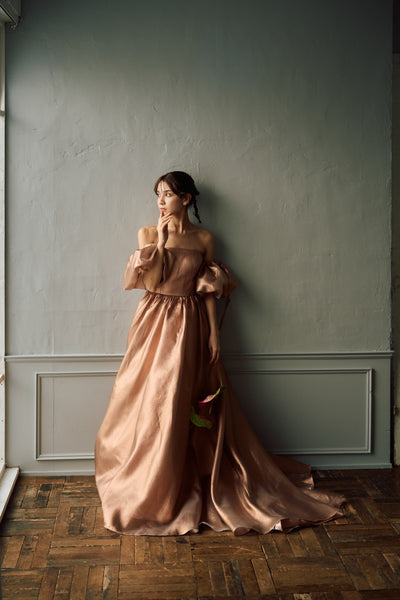 2way ラメパール パフスリーブドレス ブラウン(W293BR)