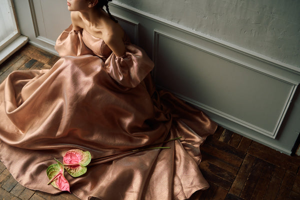 2way ラメパール パフスリーブドレス ブラウン(W293BR)