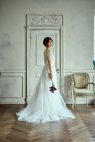 ビーズ刺繍 袖付き チュールドレス(W273)