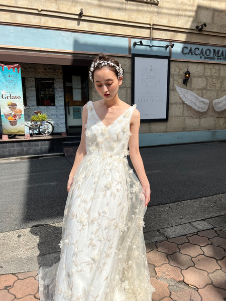 フラワーレース Vネック ノースリーブドレス(W262BE)