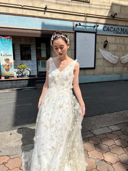 フラワーレース Vネック ノースリーブドレス(W262BE)