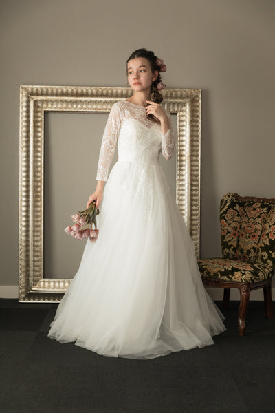 リーフデザイン 七分袖 チュール ウエディングドレス(W29)