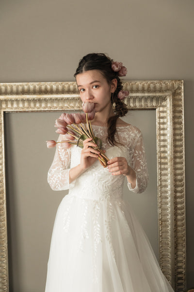 リーフデザイン 七分袖 チュール ウエディングドレス(W29)