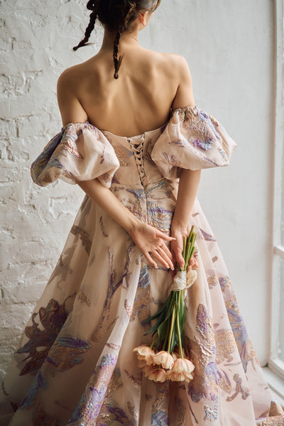 2way 総柄 ジャガード パフスリーブドレス(W299)