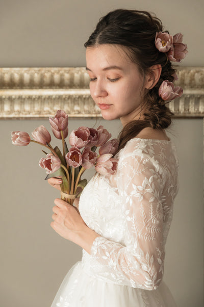 リーフデザイン 七分袖 チュール ウエディングドレス(W29)