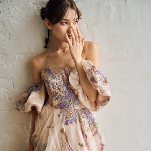 2way 総柄 ジャガード パフスリーブドレス(W299)