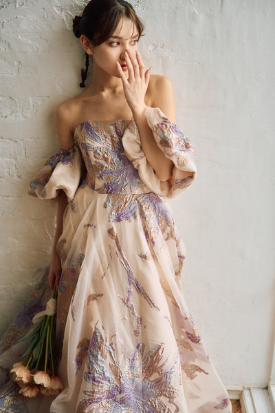 2way 総柄 ジャガード パフスリーブドレス(W299)