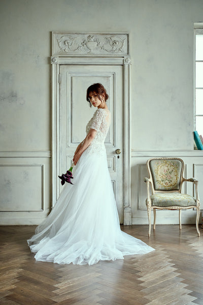 ビーズ刺繍 袖付き チュールドレス(W273)