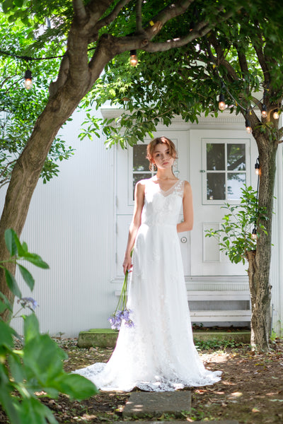 Vネック 裾レース スレンダードレス(W228)