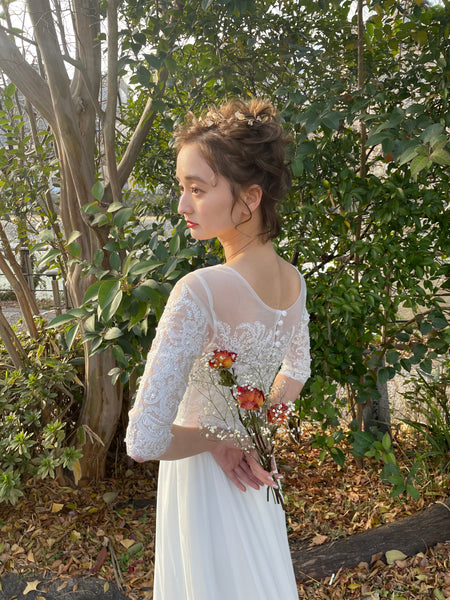 ボートネック 刺繍レース 袖付きドレス(W50)