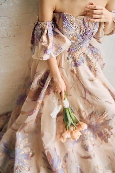 2way 総柄 ジャガード パフスリーブドレス(W299)