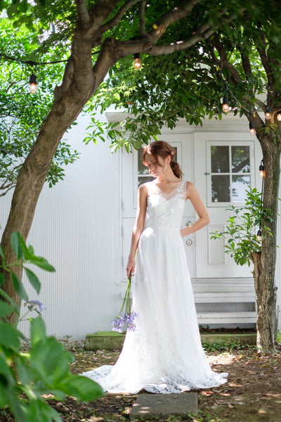 Vネック 裾レース スレンダードレス(W228)