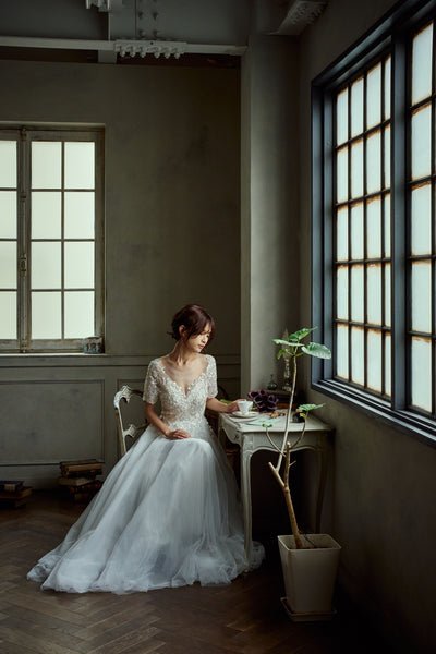 ビーズ刺繍 袖付き チュールドレス(W273)