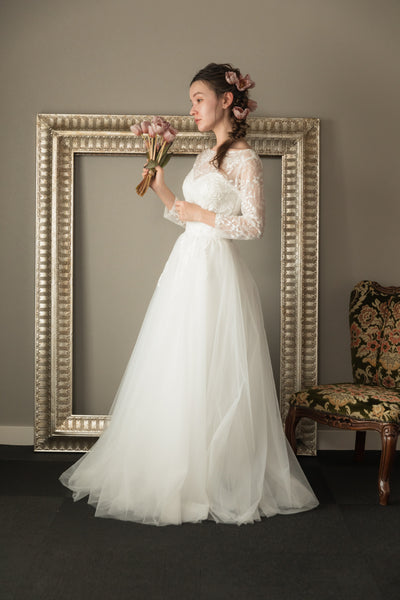 リーフデザイン 七分袖 チュール ウエディングドレス(W29)