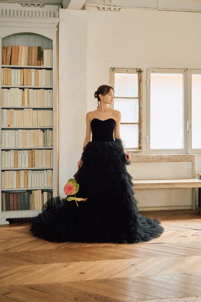 ベロア チュール ティアードドレス(W302BK)