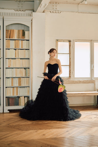 ベロア チュール ティアードドレス(W302BK)