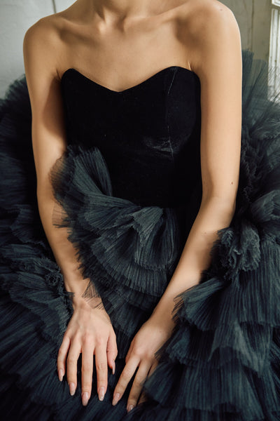 ベロア チュール ティアードドレス(W302BK)