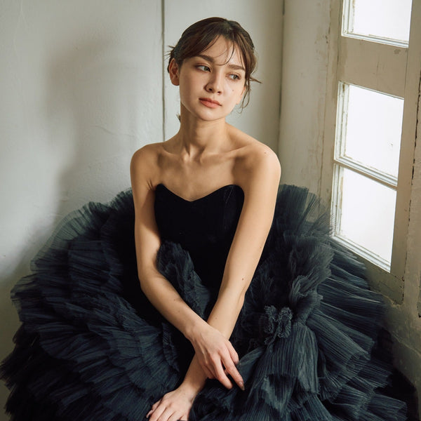 ベロア チュール ティアードドレス(W302BK)