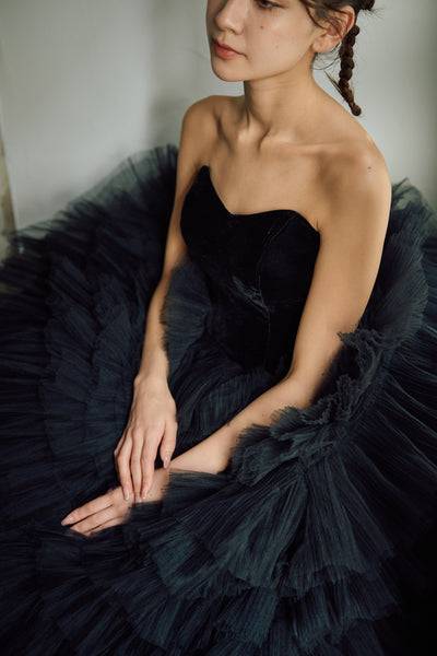 ベロア チュール ティアードドレス(W302BK)