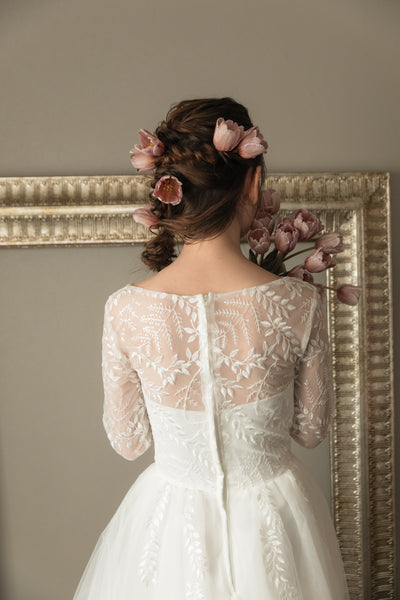 リーフデザイン 七分袖 チュール ウエディングドレス(W29)