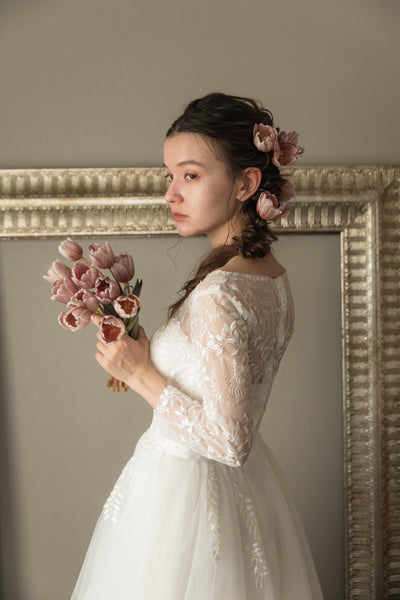 リーフデザイン 七分袖 チュール ウエディングドレス(W29)